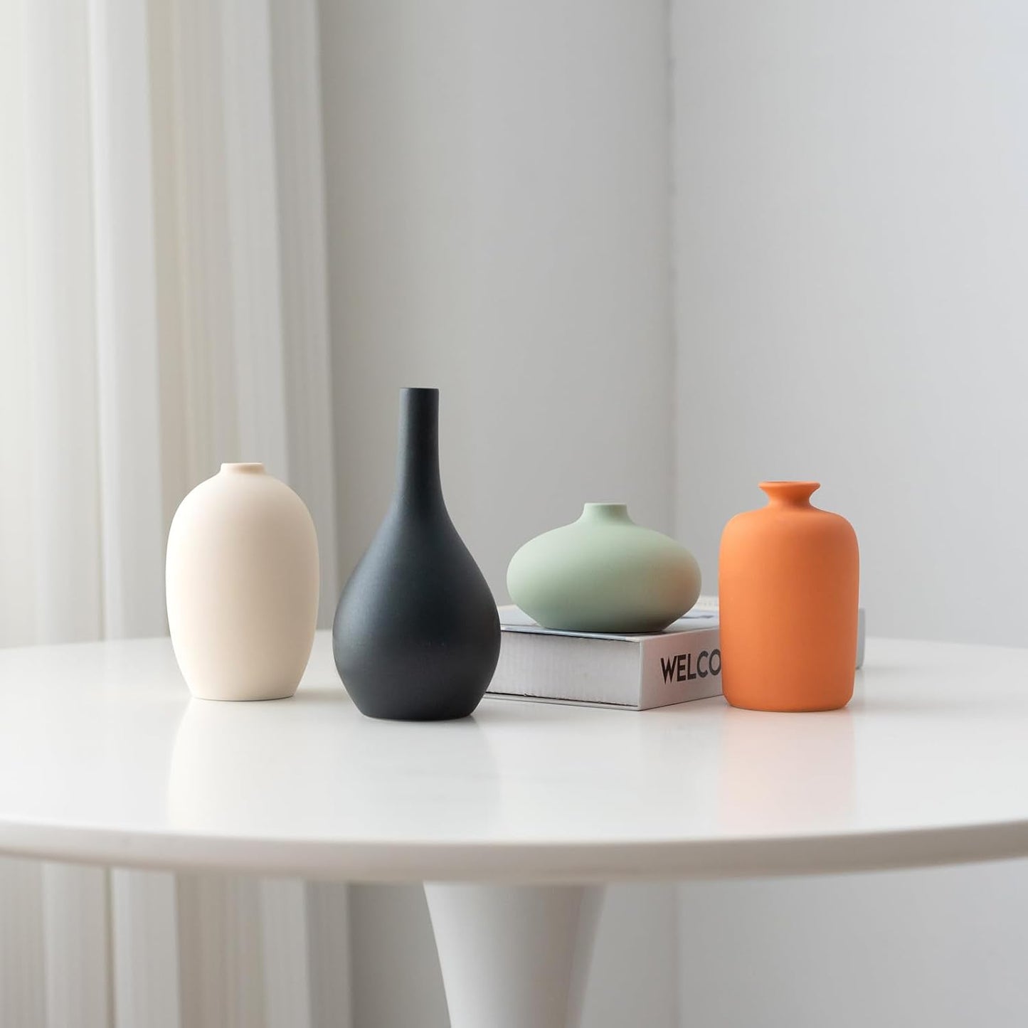 Small Ceramic Matte Vase Set 4 for Modern Home Decor Flower Decoration Office,Bookdesk, Bookshelf, Centerpieces, Tables, Living Room, Dining Table, Bedroom Shelf Entryway Ornament Gift