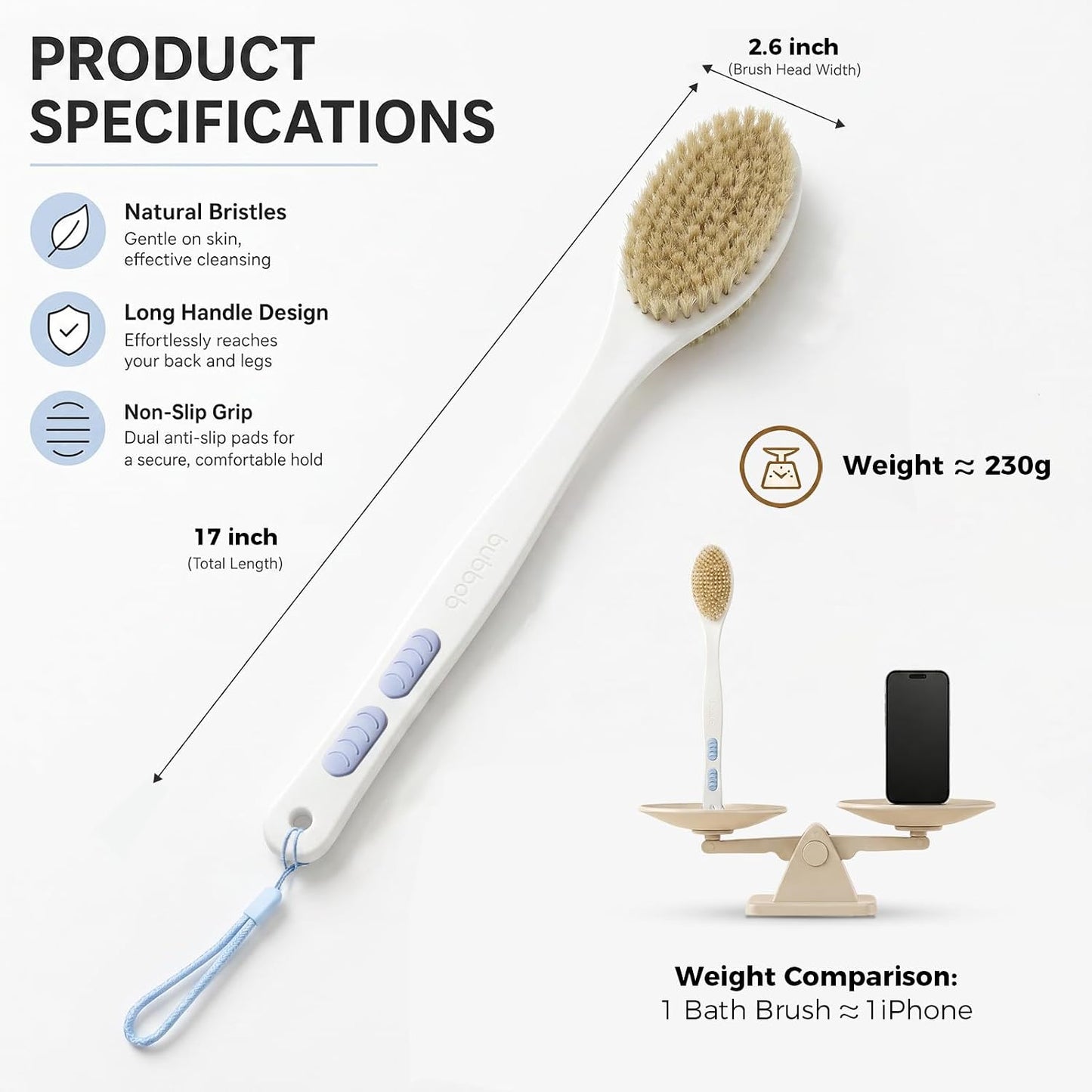Back Scrubber for Shower with Long Handle, Blue | Double Sided Bristles (Stiff & Soft), Anti-Slip Grip, Lightweight - Gift for Seniors, Includes Lanyard & Hook