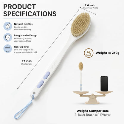 Back Scrubber for Shower with Long Handle, Blue | Double Sided Bristles (Stiff & Soft), Anti-Slip Grip, Lightweight - Gift for Seniors, Includes Lanyard & Hook