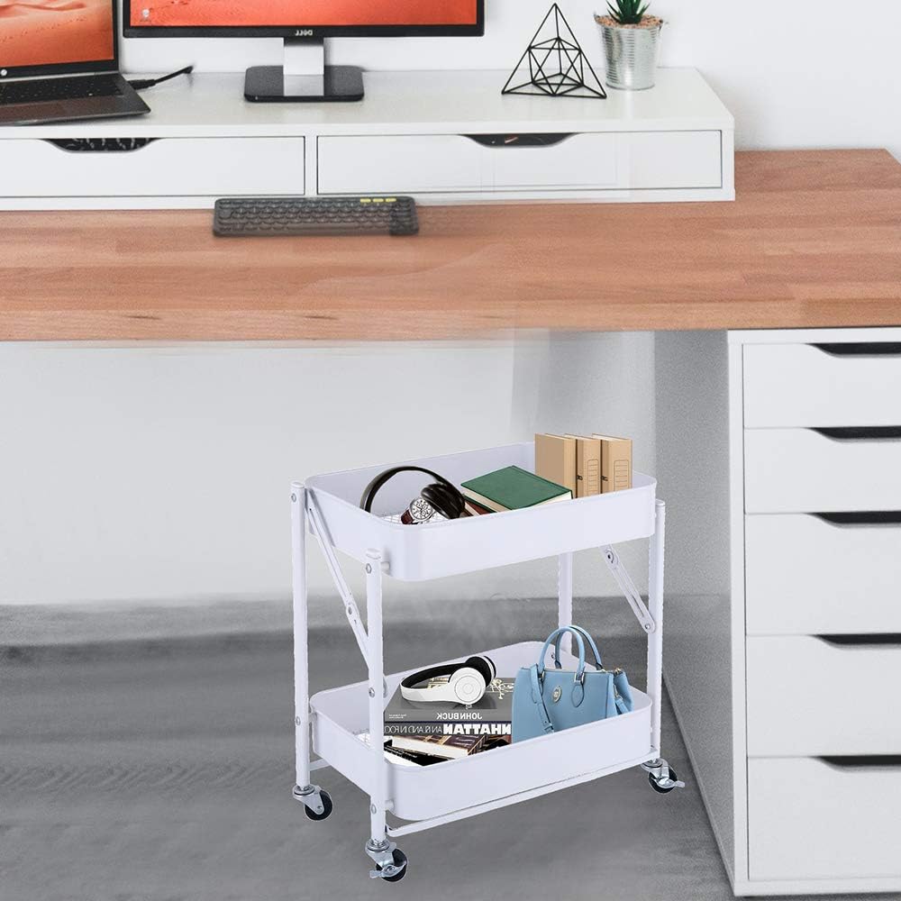 2-Tier Utility Rolling Cart Storage Sofa Side Table with Wheels, Mobile Trolley Organizer with for Office Home Kitchen Organization, Cream White