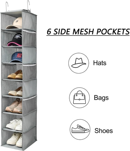Berdeng Hanging Shoe Organizer for Closet with Side Mesh Pockets，Hat Racks for Baseball Caps，Shoe and Hat Holder & Storage，8-Shelf，Gray，1 Pack