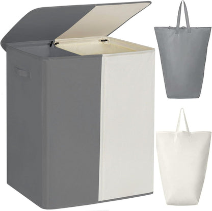 WOWLIVE Double Laundry Baseket with Lid and Removable Laundry Bags,154L Large Laundry Hamper 2 Section Collapsible Dirty Clothes Hamper for Laundry Room,College Dorm,Bathroom,Black and Beige
