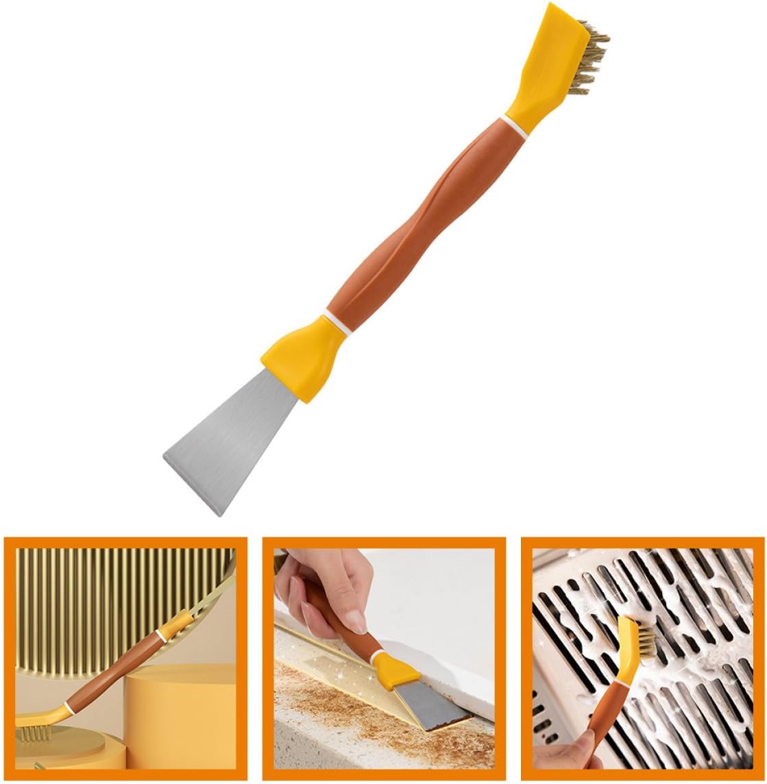 Multipurpose Kitchen Cleaning Brush with Stiff Bristles and Double-Ended Stainless Steel Scraper, Heavy-Duty Stove Cleaner for Gas Burners and Refrigerator Defrosting, Yellow