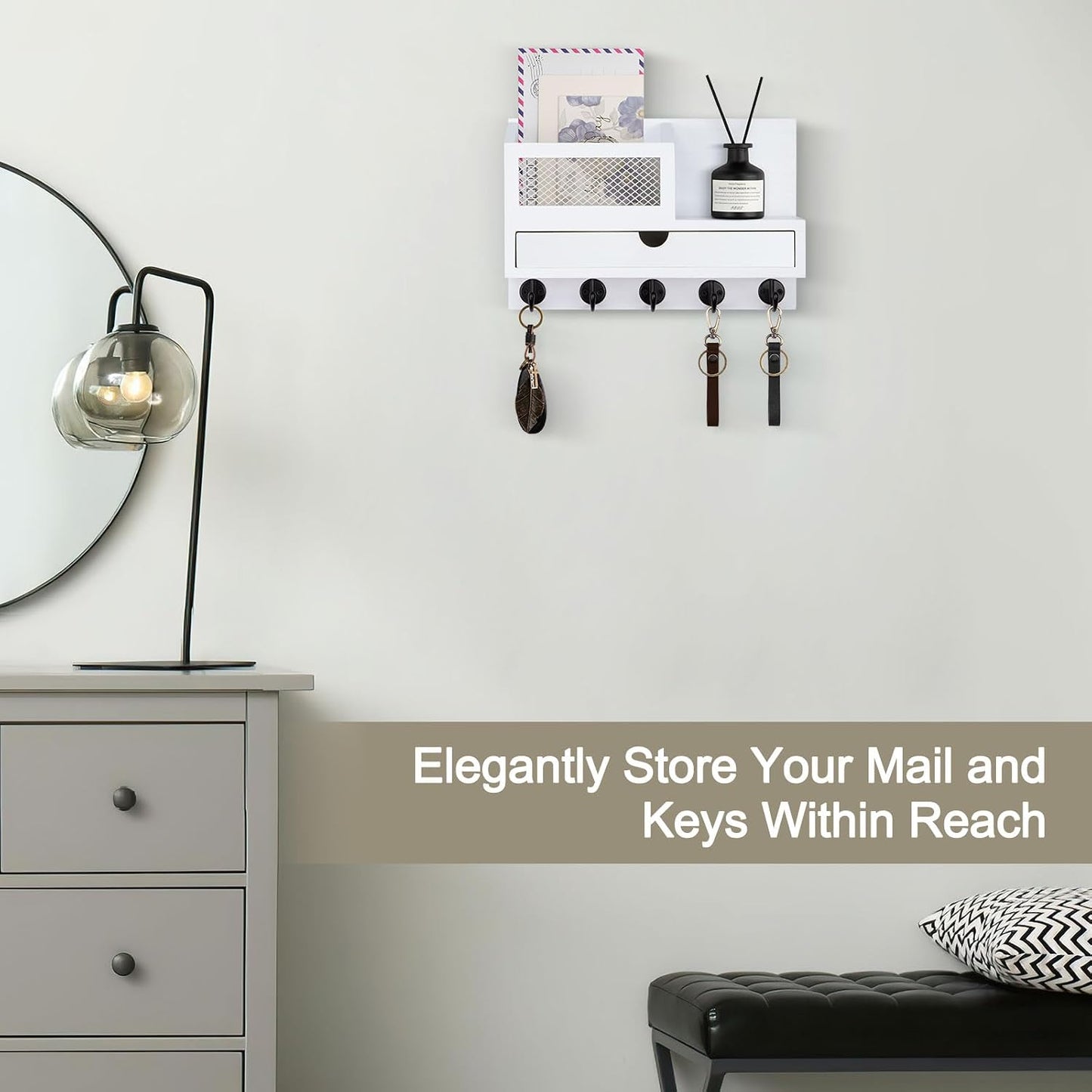 Key Holder Wall Mount, Key Holder for Wall with 5 Key Hooks and Storage Drawer Mail Organizer for Entryway Living Room Farmhouse Home Decor