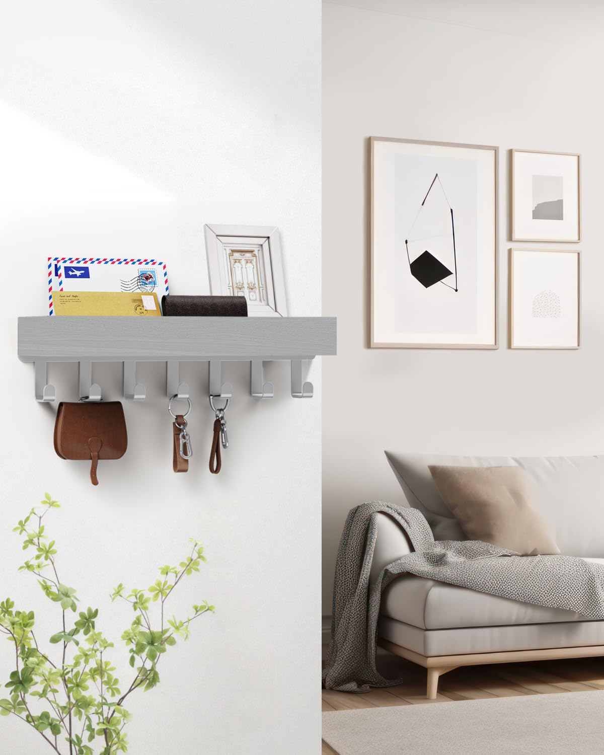 Key Holder Wall Mount Adhesive Magnetic - Hanging Key Hooks with Mail Organizer for Wallet House Accessories - Keys Hanger Rack with Shelf for RV Camper Entryway Door Home Living Room Decor Black