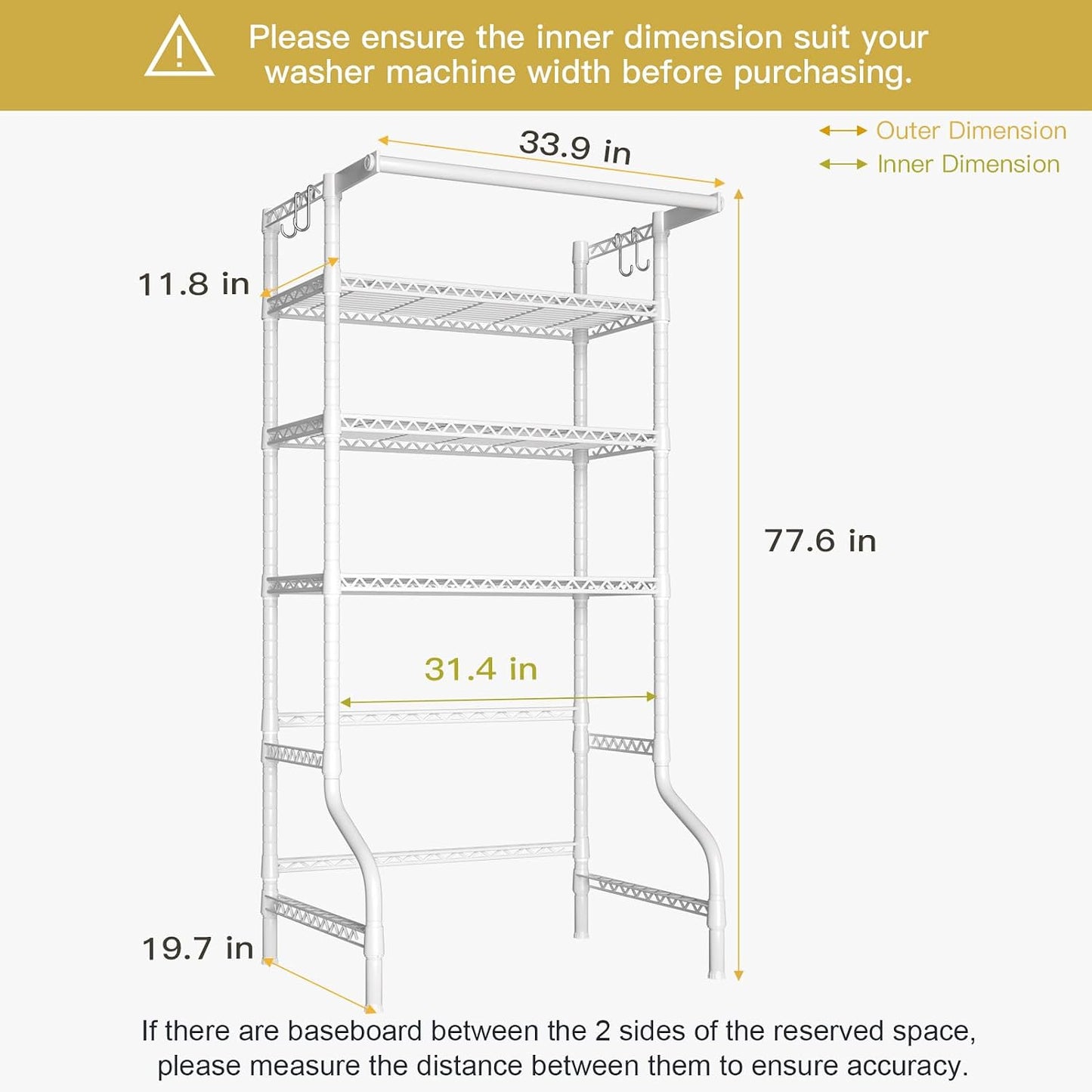 Ulif U11 Over Washer and Dryer Shelves, 3 Tiers Laundry Room Storage and Organizer Standing Shelf, Metal Freestanding Clothes Drying Rack, 33.9" W x 19.7" D x 77.6" H, Black