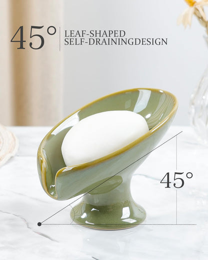 Small Soap Dish, Self Draining Bar Soap Holder for Bathroom Sink, Leaf Shaped Drainage Ceramic with Marble-Pattern Finish, Decorative Soap Dish, No Suction Cup, ANTIS'S HOME