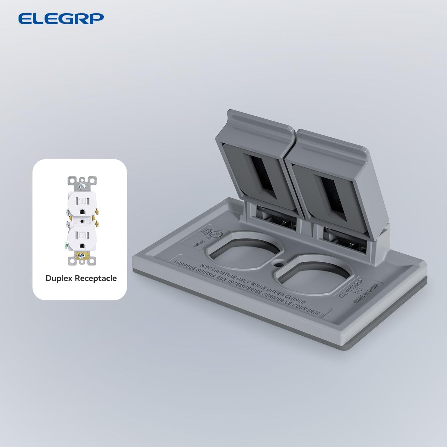 ELEGRP Horizontal Outdoor Cover for Duplex Receptacles, 2-Hole Weatherproof Wall Plate, Outdoor Electrical Outlet Cover, Standard Size 1-Gang 4.55” x 3.02”, Thermoplastic, 1 Pack, Grey