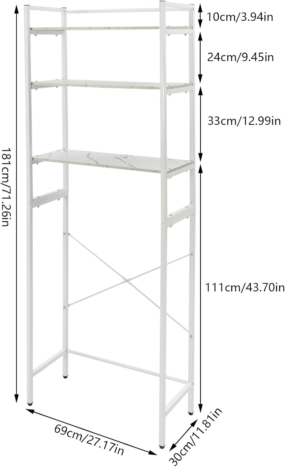 3-Tier Laundry Room Storage Shelf,Over Washer and Dryer Shelves,Floor Standing Washing Machine Storage Rack,White,Marbling