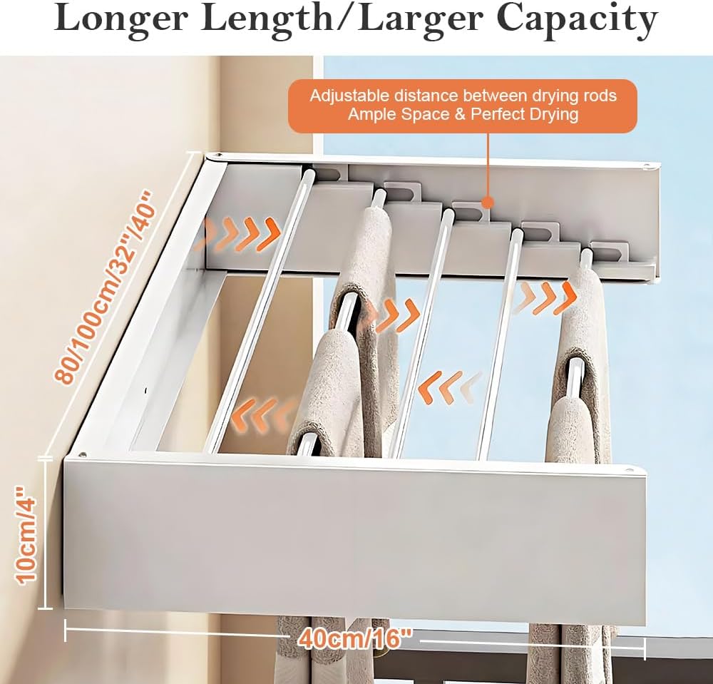 Foldable Wall Mounted Clothes Drying Rack 32’’, Retractable Laundry Room Drying Rack Clothing, Hidden Space Saver with Wall Template, 5 Rods, White