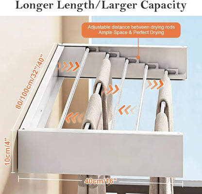 Foldable Wall Mounted Clothes Drying Rack 32’’, Retractable Laundry Room Drying Rack Clothing, Hidden Space Saver with Wall Template, 5 Rods, White