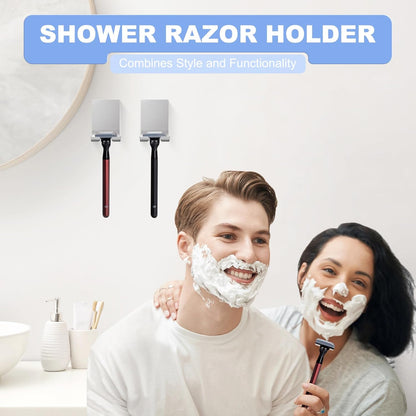 VIS'V Adhesive Razor Holder, Wall Mount Shower Razor Hooks for His and Hers, Metal, Waterproof, White, 2 Pcs
