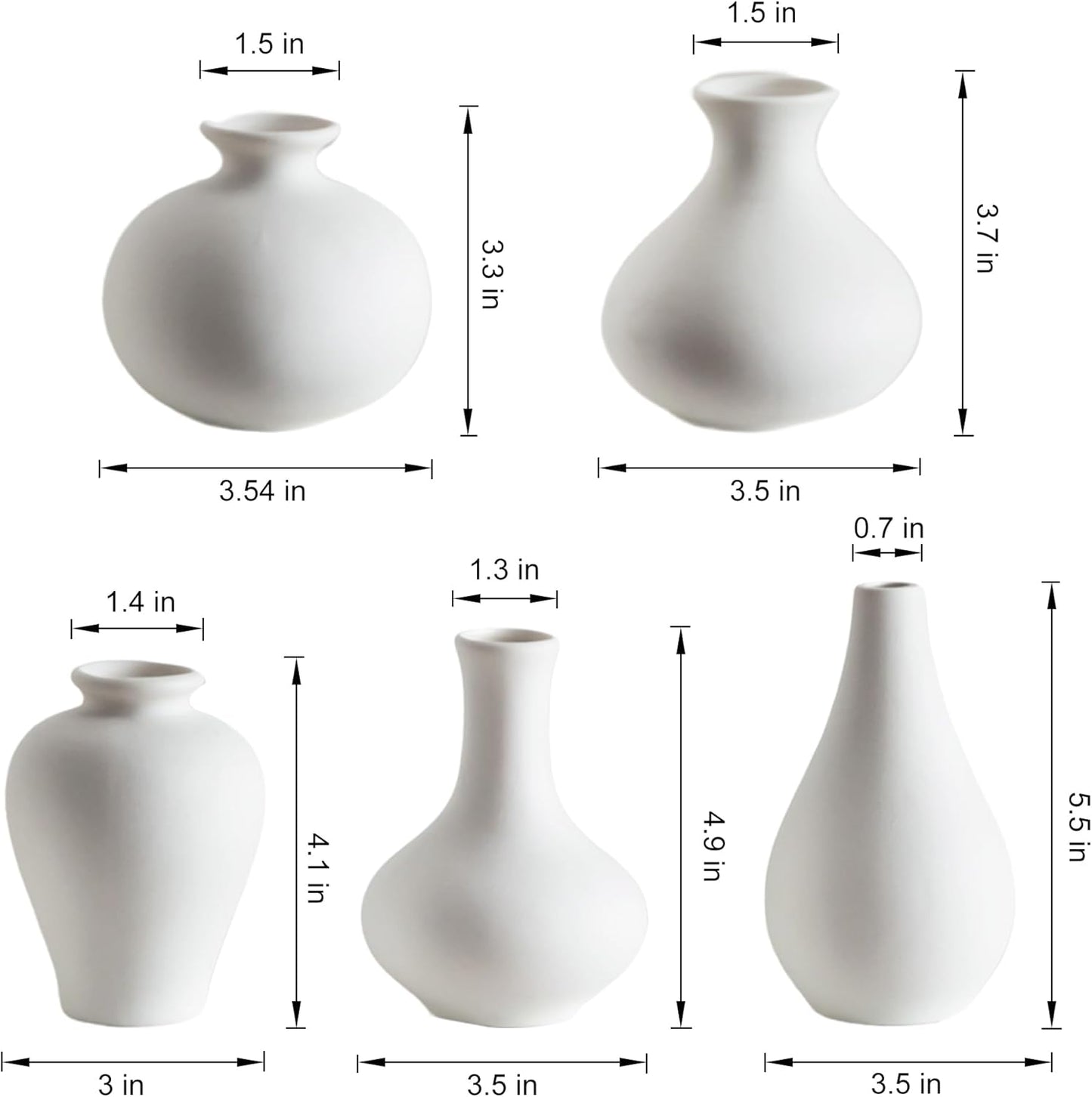 Tanvecle Small White Vases, Ceramic Bud Vase Set of 5, Mini Pottery Vases for Pampas Grass, Flowers, Decorative Vases for Home Modern Decor, Rustic Decor, Veses for Living Room Dining Table Shelves