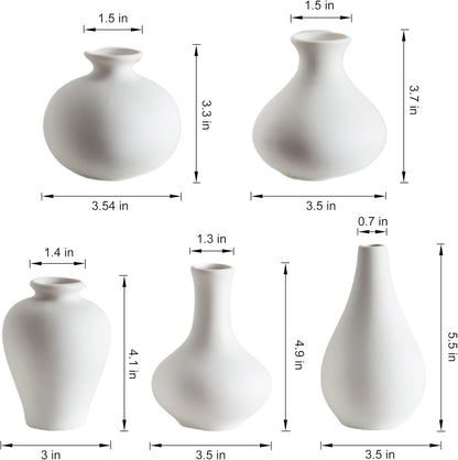 Tanvecle Small White Vases, Ceramic Bud Vase Set of 5, Mini Pottery Vases for Pampas Grass, Flowers, Decorative Vases for Home Modern Decor, Rustic Decor, Veses for Living Room Dining Table Shelves