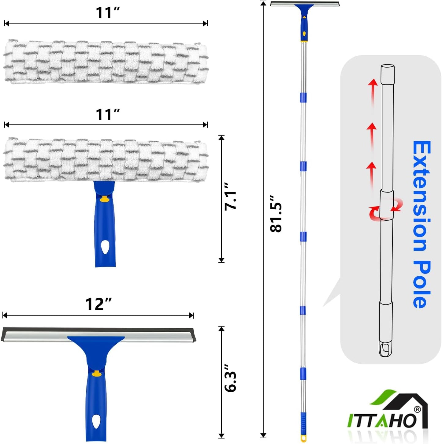 81" Window Squeegee Cleaner, Window Cleaning Tool Kit,12" Squeegee and 11" Microfiber Scrubber Combi with Stainless Steel Pole for Car,Sliding Door,Shower Glass Door-Swivel Style-2 Pads
