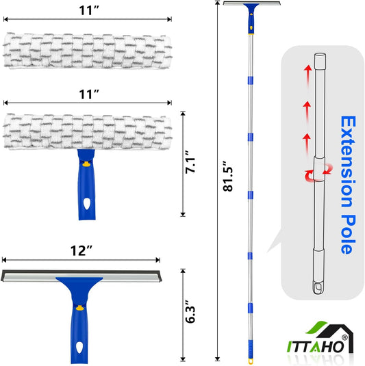 81" Window Squeegee Cleaner, Window Cleaning Tool Kit,12" Squeegee and 11" Microfiber Scrubber Combi with Stainless Steel Pole for Car,Sliding Door,Shower Glass Door-Swivel Style-2 Pads