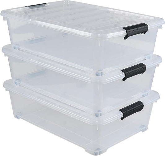 Hespama 3 Pack Plastic Rolling Storage Box Bin for Under the Bed, 20 Quart | Lidded Storage Container Bin, Clear