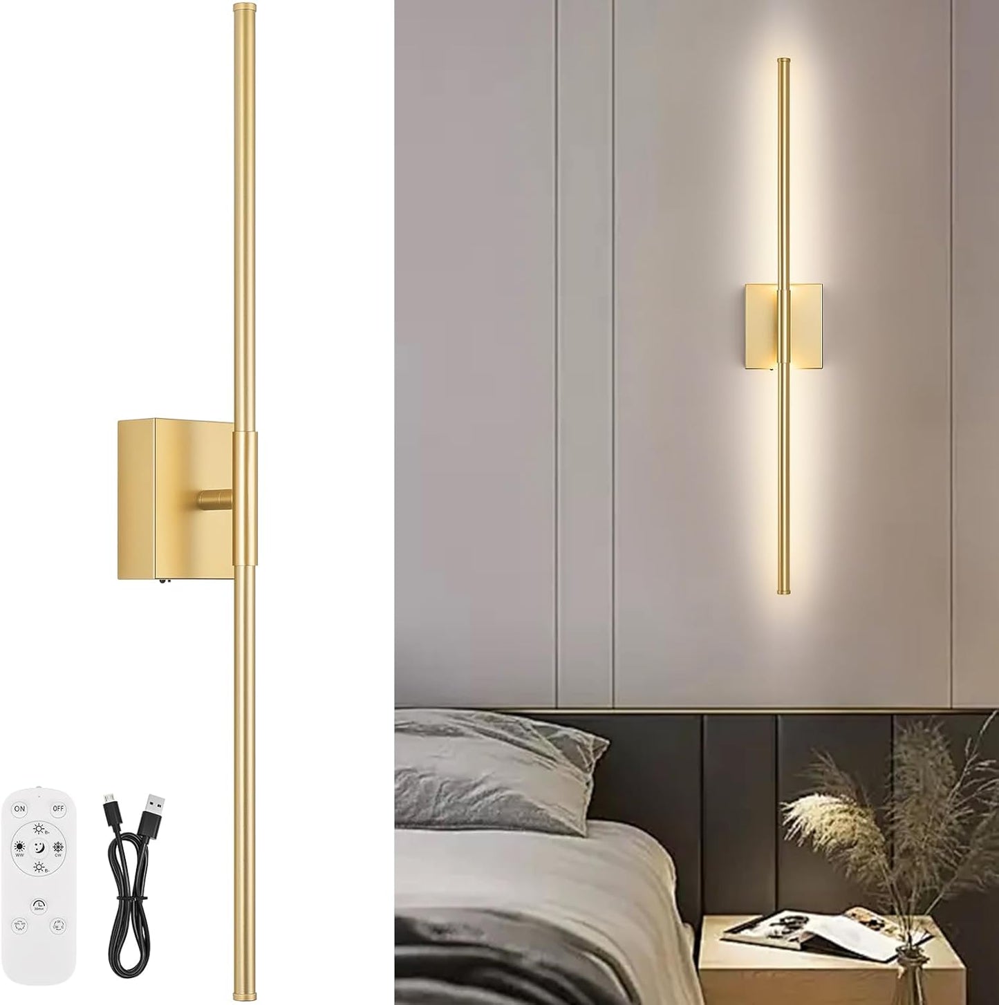 Battery Operated Wall Sconce Set of Two with Remote Control, 3000K-6000K Dimmable Black Wall Lights, Timable LED Wireless Wall Sconces, 350° Ratate for Bathroom, Living Room, Hallway 29.1 Inch