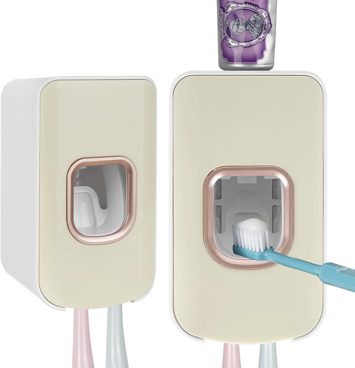 2 Slot Toothbrush Holder and Toothpaste Dispenser Wall Mounted, Automatic Toothpaste Squeezer, 2 in 1 Tooth Brush Toothpaste Organizer for Shower (Grey)