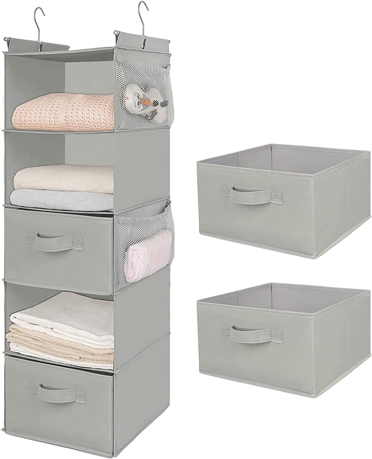 MAX Houser 4-Shelf Hanging Closet Organizer, Space Saver, Cloth Hanging Shelves with 2 Side Pockets, Foldable (Beige)