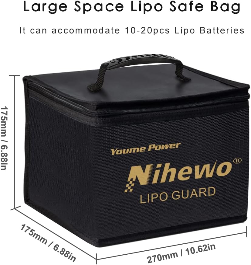 Lipo Safe Bag Fireproof Explosionproof Battery Bag Organizer - Large Capacity Lipo Guard Safe Pouch for Storage & Transportation & Charging with Durable Handle and Mesh Pocket