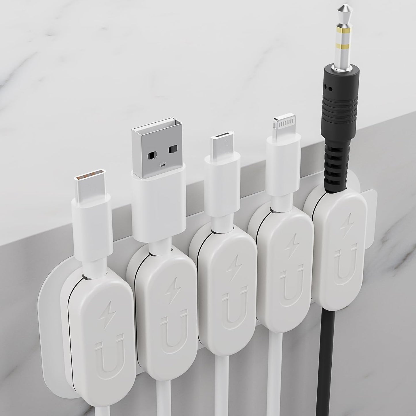 Chargeworx Magnetic Cable Clips - Cord Holder Organizer, No Drill Self-Adhesive Base, Cable Organizer, Repositionable Magnetic Clips, 5-Pack, USB-C Lightning Micro-USB, Desk Nightstand Wall Car, Black