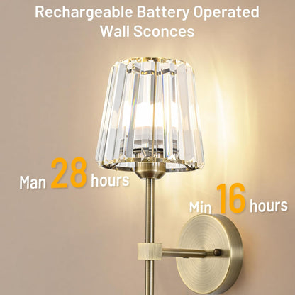 Crystal Battery Operated Wall Sconces Set of 2, Gold Rechargeable Wireless Wall Sconce Lights with Crystal Lampshade, 12 RGB and 3CCT Dimmable Wall Lamps with Remote for Bedroom Living Room Hallway
