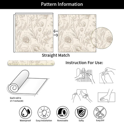 MuralPeel Modern Beige Black Wildflower Flowers Peel and Stick Wallpaper Self Adhesive Removable Easy Peel Off Stick on Wall Paper for Bedroom Cabinet Renter