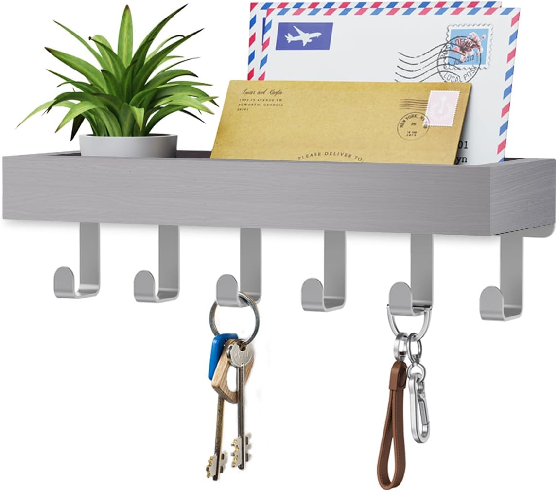 Key Holder Wall Mount Adhesive Magnetic - Hanging Key Hooks with Mail Organizer for Wallet House Accessories - Keys Hanger Rack with Shelf for RV Camper Entryway Door Home Living Room Decor Black