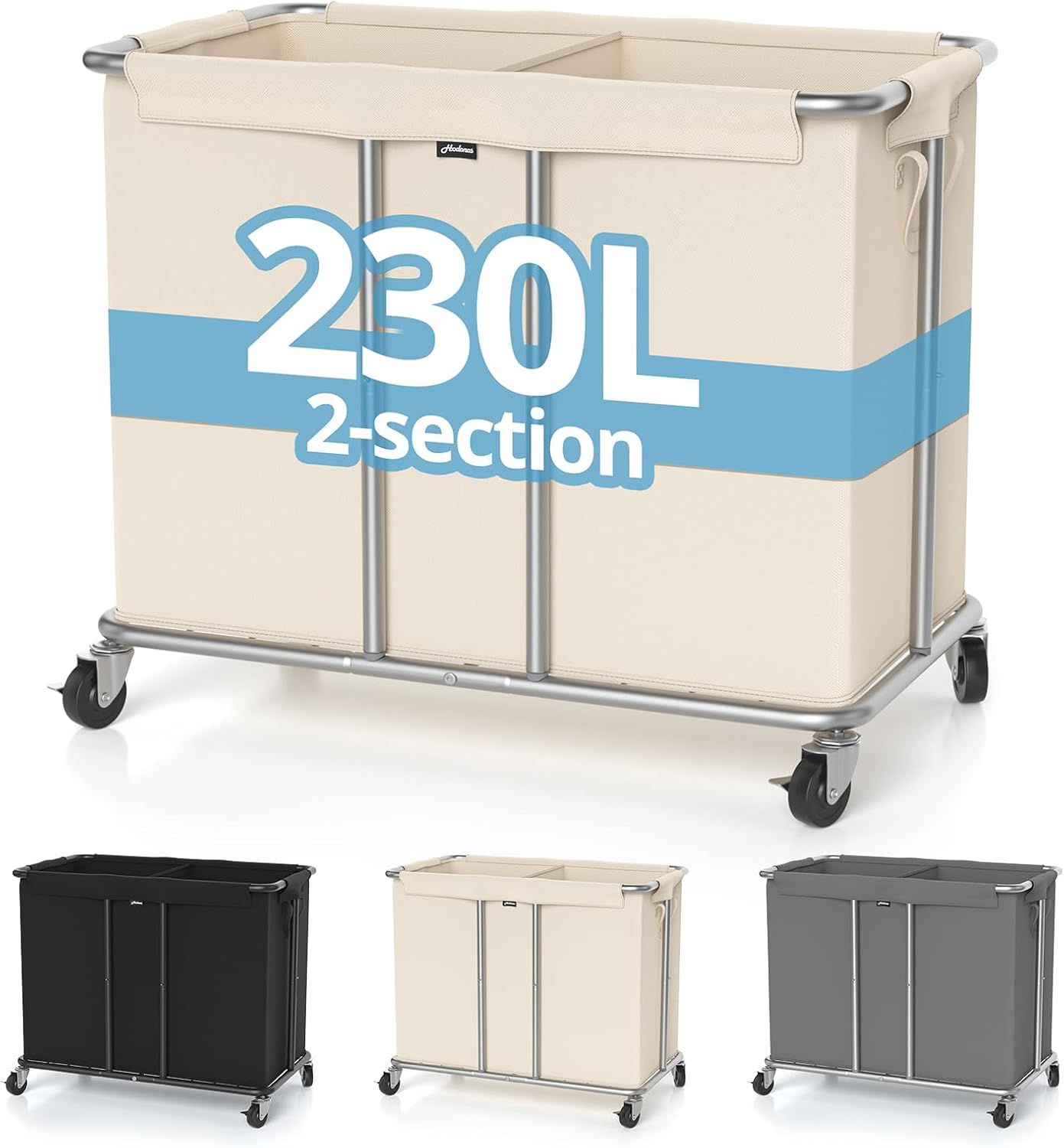 Hodonas 230L Rolling Laundry Hamper, 2-Section Laundry Basket with Wheels, 61 Gallons Laundry Sorter with Metal Structure and Removable Liner, Clothes Hamper for Laundry Room, Bathroom, Bedroom, Beige