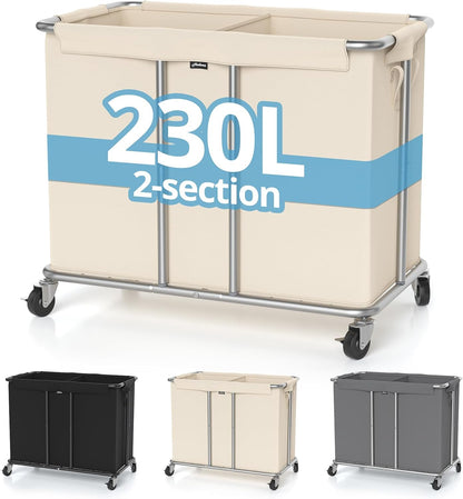 Hodonas 230L Rolling Laundry Hamper, 2-Section Laundry Basket with Wheels, 61 Gallons Laundry Sorter with Metal Structure and Removable Liner, Clothes Hamper for Laundry Room, Bathroom, Bedroom, Beige