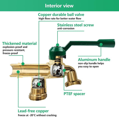 Outdoor Faucet Double Outlet, 1/2 Inch Male Inlet NPT Thread,Wall Mounted Lead-Free Brass Tap with Dual 3/4 inch Outlet,2 Way Splitter,Ball Valves Spigot,for Garden Hose Connector