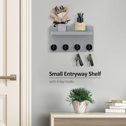 Nekon Key Holder Wall Mount, 8.5 Inch Small Home Decor Wooden Wall Organizer with 4 Hooks and Shelf, Wall Decor for Living Room Entryway Kitchen (Brown)