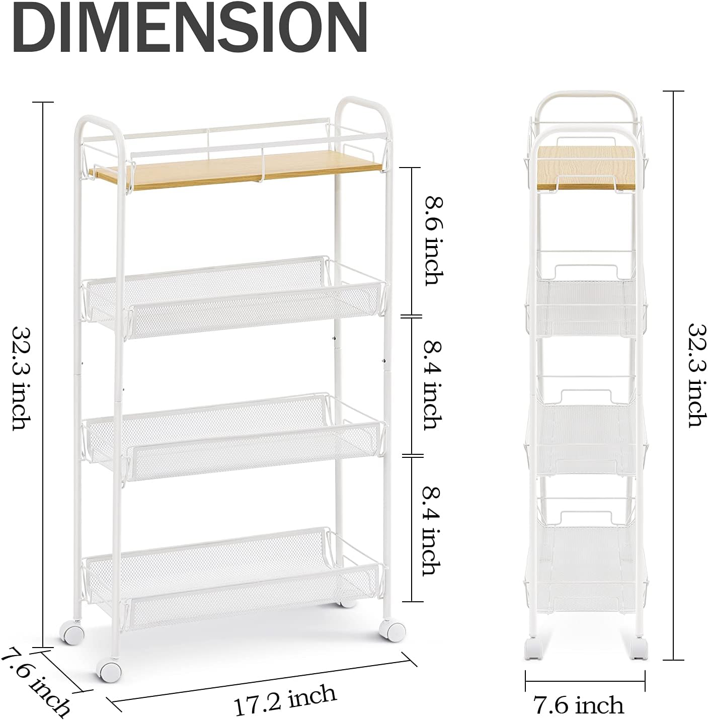 KINGRACK 4-Tier Slim Rolling Cart with Wooden Tabletop, Easy Assemble Metal Utility Cart, Slide Out Narrow Storage Cart for Narrow Space on Bedroom Bathroom Laundry Room Apartments Dormitory, Pink