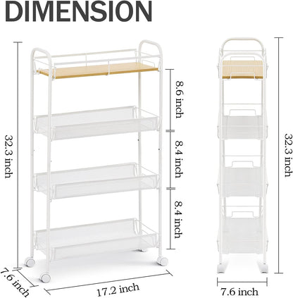 KINGRACK 4-Tier Slim Rolling Cart with Wooden Tabletop, Easy Assemble Metal Utility Cart, Slide Out Narrow Storage Cart for Narrow Space on Bedroom Bathroom Laundry Room Apartments Dormitory, Pink