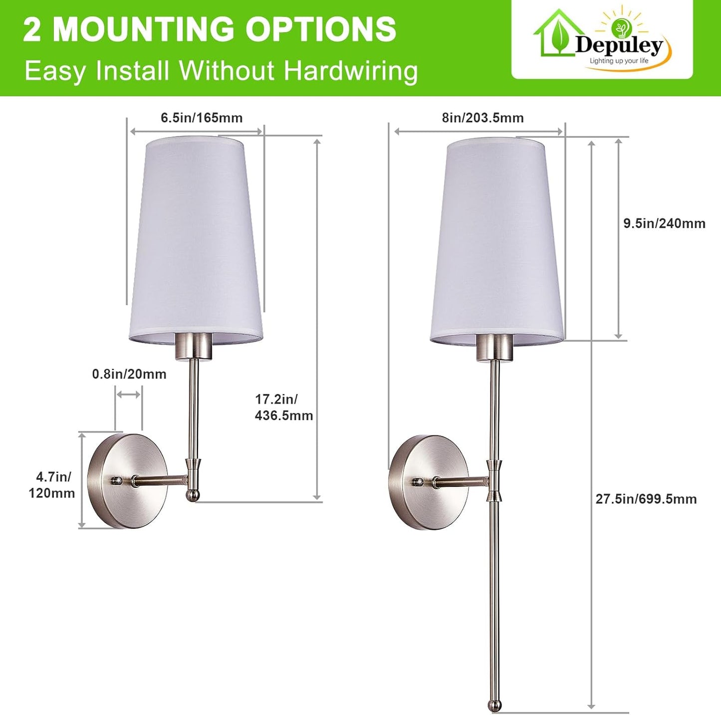 Depuley Battery Operated Wall Sconce: Set of 2 Wireless Wall Lights with 10000mAh Dimmable Bulbs and Remote for Bedroom - Rechargeable 15 Colors Gold Wall Lamp for Living Room Hallway