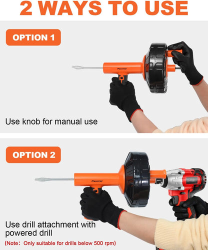 33FT Drain Snake Auger with Auto-Feed Manual/Powered, Drain Clog Remover Tool for Sink, Toilet, Shower & Tub, Professional Plumbing Snake, Gloves & Storage Drum, Easy Clear Hair Clogs