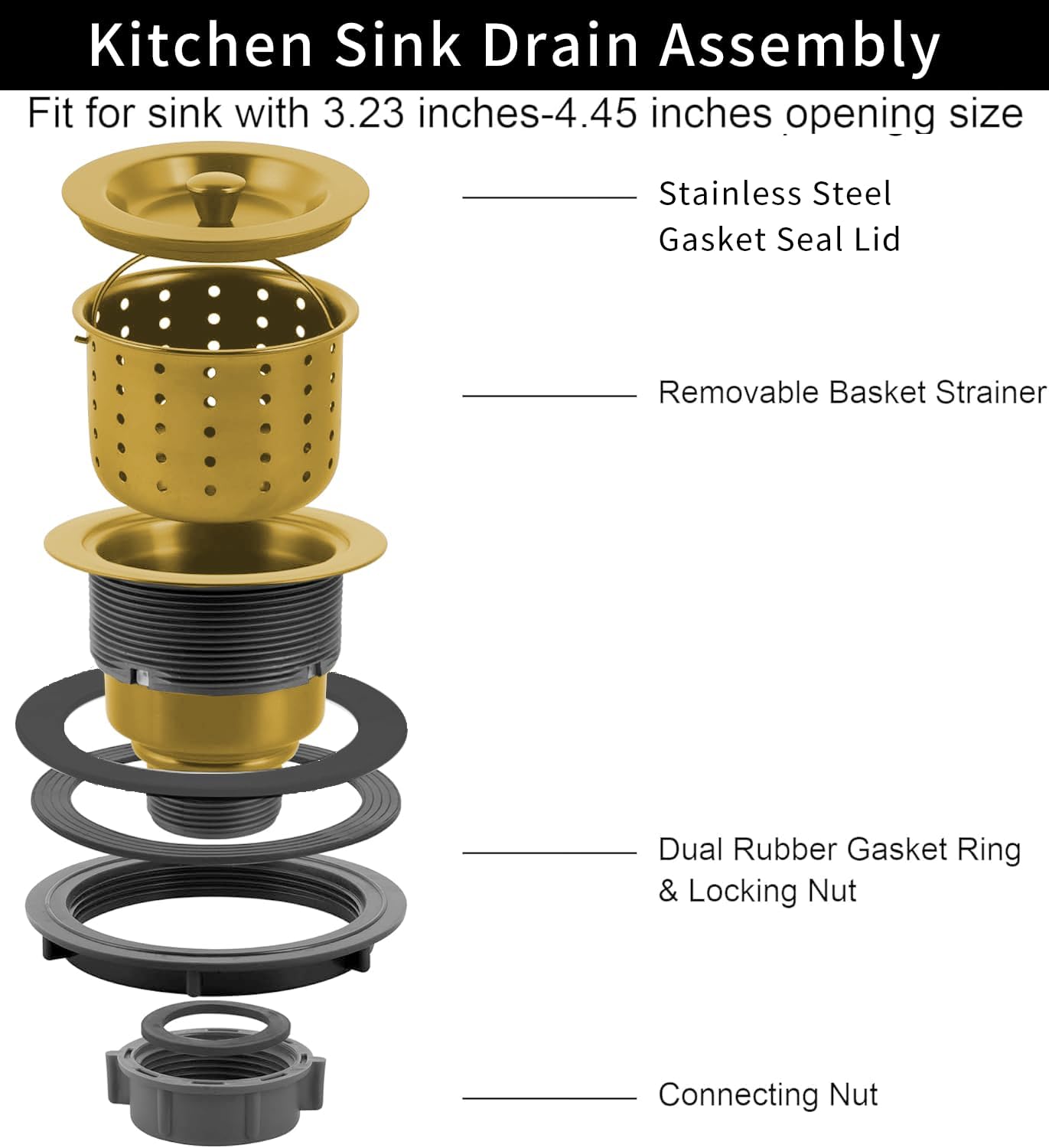 Kitchen Sink Drain Assembly Kit, 3-1/2 Inch Brushed 304 Stainless Steel Basket Strainer with Deep Removable Basket, Stopper & Cover Lid, Fits Standard Kitchen Sinks