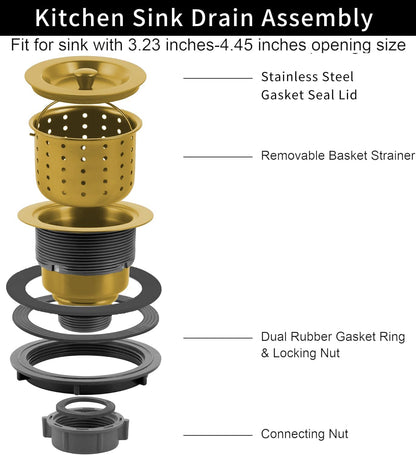 Kitchen Sink Drain Assembly Kit, 3-1/2 Inch Brushed 304 Stainless Steel Basket Strainer with Deep Removable Basket, Stopper & Cover Lid, Fits Standard Kitchen Sinks