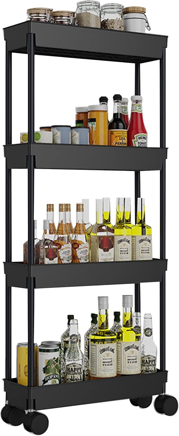 4 Tier Kitchen Bathroom Storage Rolling Cart 39 Inches Tall Slim Utility Rolling Shelf Cart with Wheels Coner Storage Shelves Cart, Black