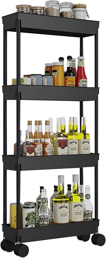 4 Tier Kitchen Bathroom Storage Rolling Cart 39 Inches Tall Slim Utility Rolling Shelf Cart with Wheels Coner Storage Shelves Cart, Black