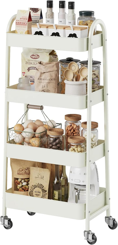 DUMOS 3 Tiers Rolling Cart, Utility Cart, Metal, White | Mobile Storage, Lockable Wheels, Utility Shelving Unit, Kitchen, Bathroom, Laundry, Narrow Places