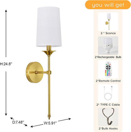 PASSICA DECOR Battery Operated Wall Sconce Set of 2 - Rechargeable Cordless Lights with Remote, Dimmable RGB Timer Wireless Sconces for Bedroom, Living Room, Hallway