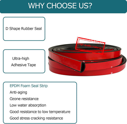 D Shape EPDM Foam Rubber Seal with Tape, Self-Adhesive Rubber Weather Stripping for Boat, Auto, RV, Marine, Garage Doors/Window and More, W:0.75"; H:0.375"; L:26Feet