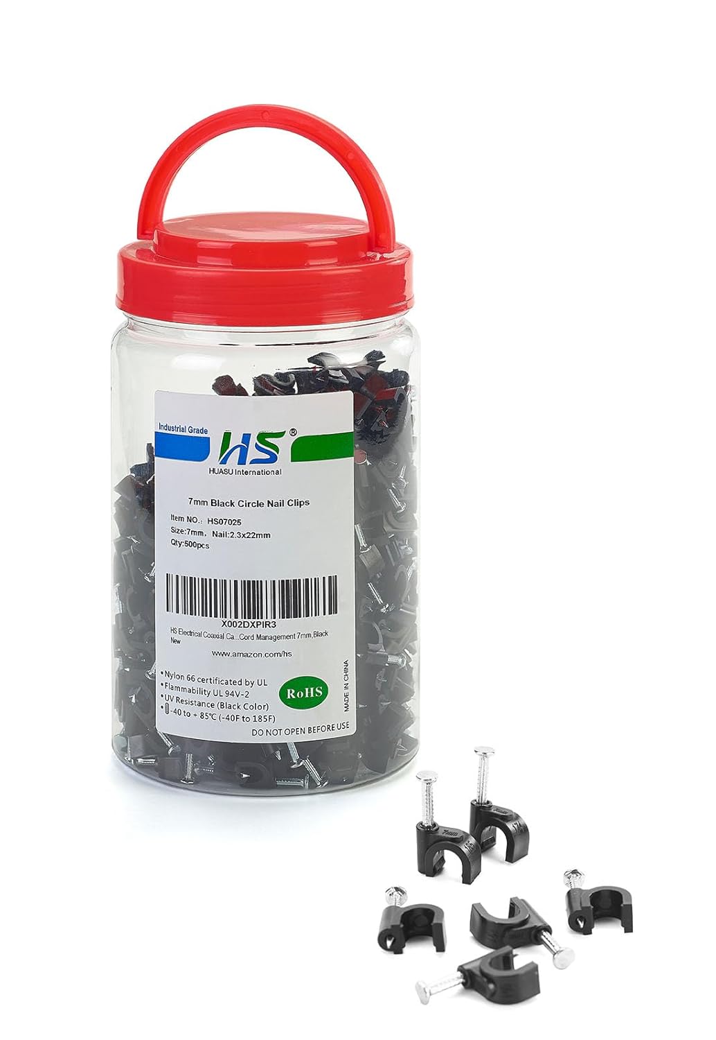 HS 7mm Ethernet Cat6 Cable Clips Clamps RG6 with Steel Nail (200 Pack) Wire Clips Black for Wall,Cord Management
