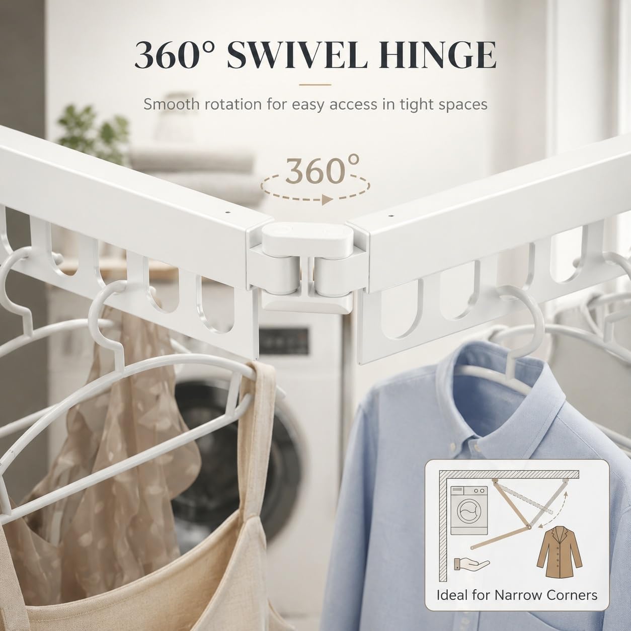 Wall Mount Laundry Drying Rack with 24 Hooks – Foldable 3-Bar Rustproof Steel Clothes Organizer, 360° Swivel Space-Saving Drying Station for Apartments, Laundry Rooms, Balconies & RVs