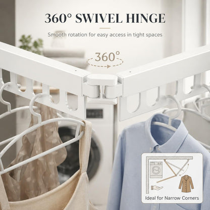 Wall Mount Laundry Drying Rack with 24 Hooks – Foldable 3-Bar Rustproof Steel Clothes Organizer, 360° Swivel Space-Saving Drying Station for Apartments, Laundry Rooms, Balconies & RVs