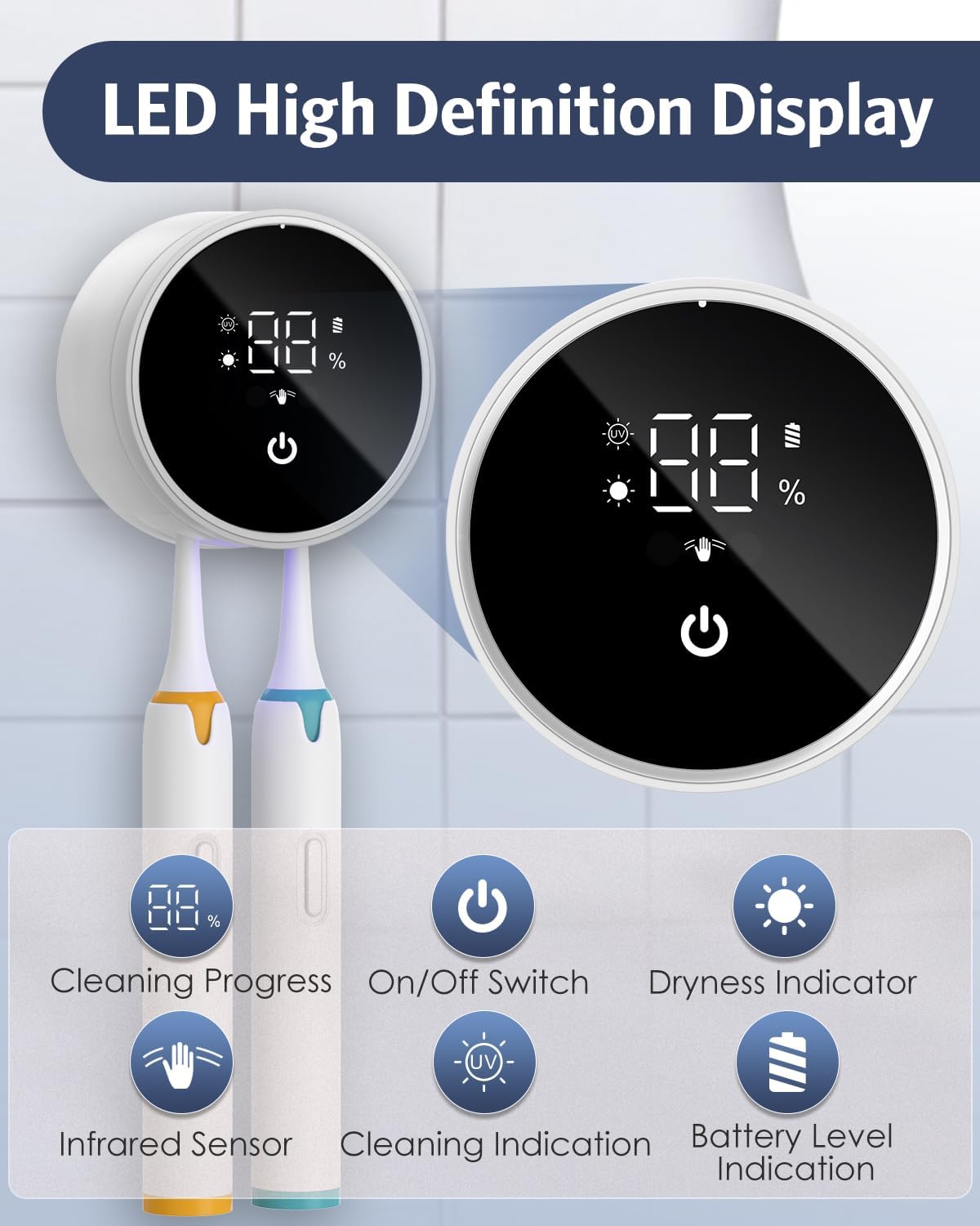 Upgraded UV Toothbrush Sanitizer Holder with Infrared Sensor & Heat Drying, Temracha Wall-Mounted Toothbrush Holder for the Bathroom, LED Smart Display, Fits Toothbrushes & Razor, Portable for Travel