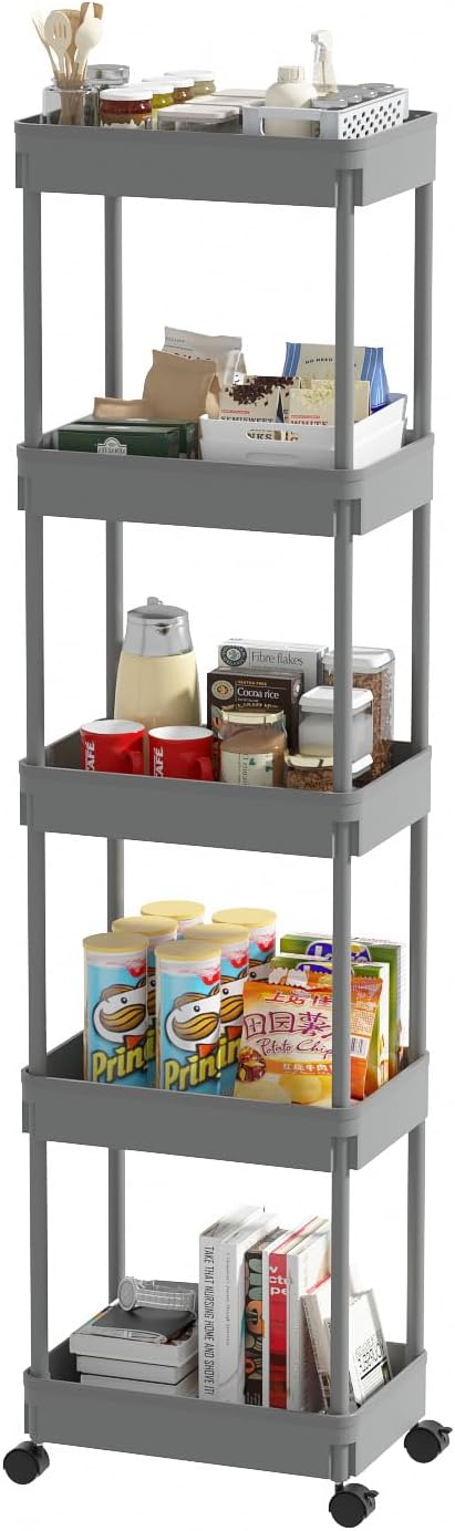 Sooyee 3 Tier Rolling Cart with Wheels, Slim Storage Cart, Under Desk Narrow Rolling Utility Cart Storage Organizer for Office Bathroom Kitchen Laundry Room Narrow Places, White, Plastic and Metal