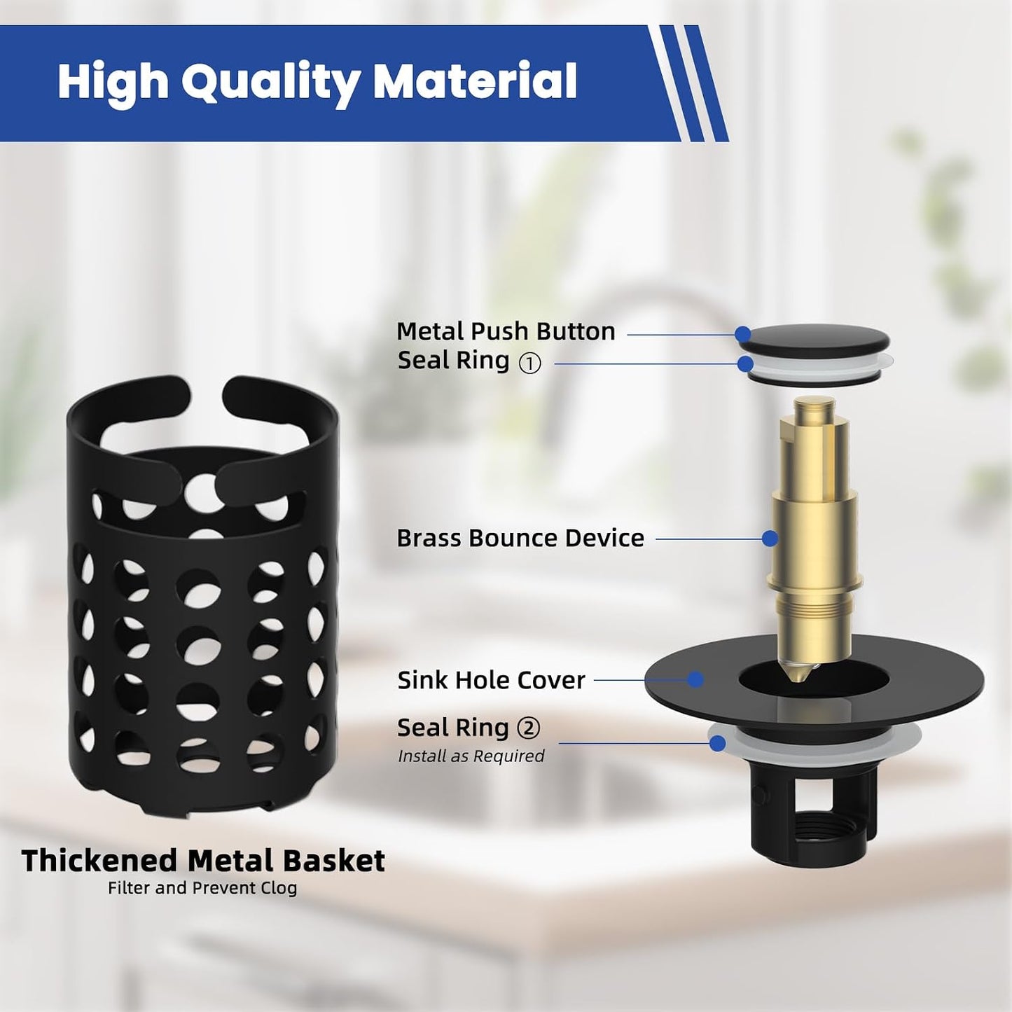 Universal Bathroom Sink Drain Strainer Hair Catcher, Brushed Nickel | Upgraded with Removable Stainless Steel Filter Basket, 3 in 1 Pop Up Sink Stopper for 1.1''~2.36'' Sink Basin Hole